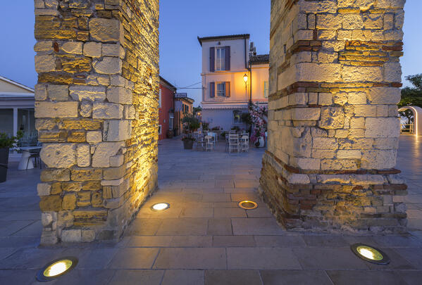 Arco di Torre monument illuminated at dawn, Numana village, Riviera del Conero, Ancona province, Marche, Italy, Europe