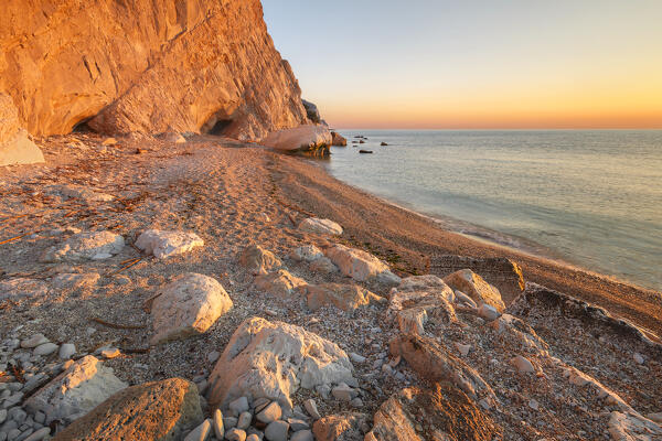 First lights morning on Spiaggia del Frate beach, Adriatic sea, Numana, Riviera del Conero, Ancona province, Marche, Italy, Europe