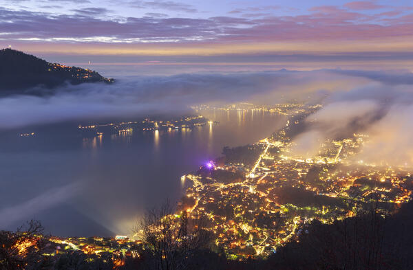Misty night on Cernobbio town and lake Como, Como province, Lombardy, Italy, Europe