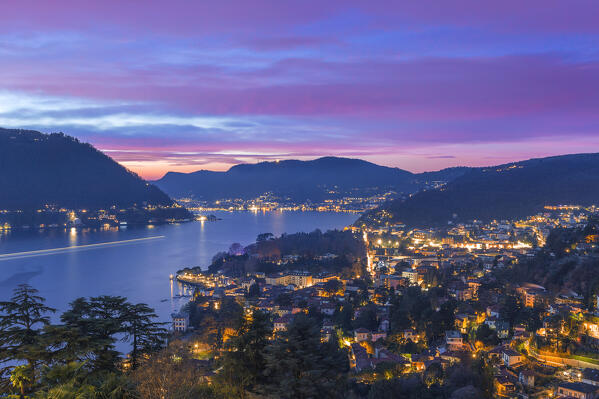 Dawn on lake Como and Cernobbio city, Como province, Lombardy, Italy, Europe