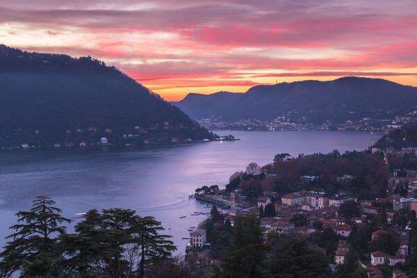 Sunrise on lake Como and Cernobbio city, Como province, Lombardy, Italy, Europe