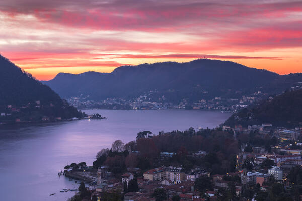 Sunrise on lake Como and Cernobbio city, Como province, Lombardy, Italy, Europe