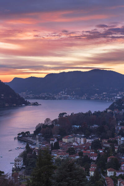 Sunrise on lake Como and Cernobbio city, Como province, Lombardy, Italy, Europe