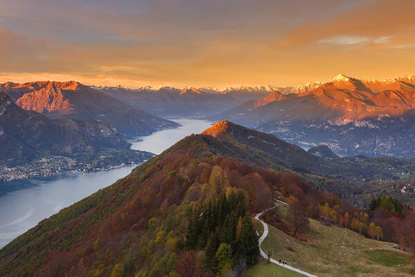 Autumnal sunset on lake Como from Martina refuge, San Primo mount, Como province, Lombardy, Italy, Europe