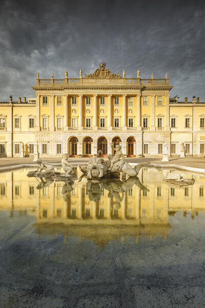 Villa Olmo reflected in its Monumental Fountain, lake Como, Como city, Lombardy, Italy, Europe