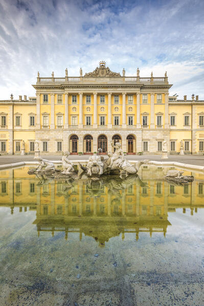 Villa Olmo reflected in its Monumental Fountain, lake Como, Como city, Lombardy, Italy, Europe