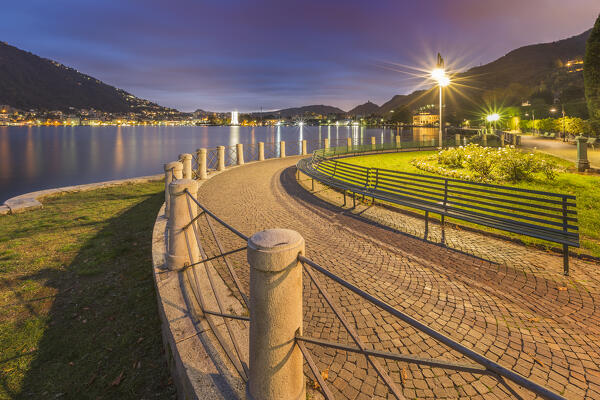 Dawn on Como lakefront near Villa Olmo, lake Como, Como city, Lombardy, Italy, Europe