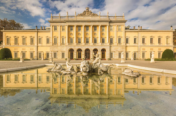 Villa Olmo reflected in its Monumental Fountain, lake Como, Como city, Lombardy, Italy, Europe