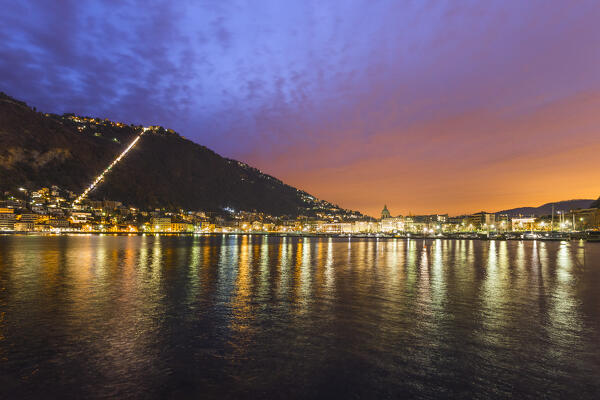 Como city illuminated at dawn, lake Como, Lombardy, Italy, Europe