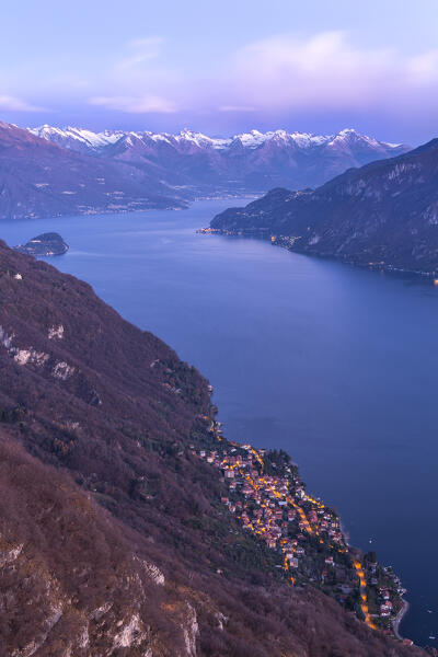 Dawn on lake Como (ramo Lecco) and its Alps, Oliveto Lario village, Como and Lecco province, Lombardy, Italy, Europe