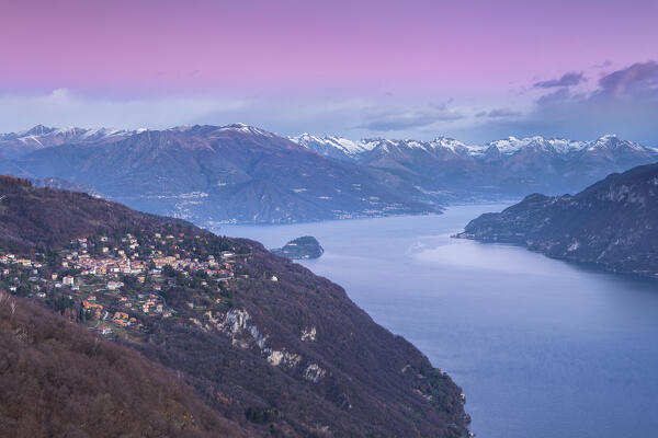 Sunrise on lake Como (ramo Lecco) and its Alps, Civenna village, Como province, Lombardy, Italy, Europe
