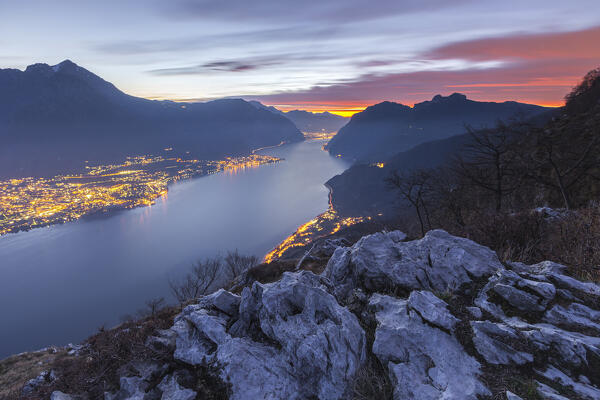Dawn on lake Como (ramo di Lecco). Mandello del Lario and Abbadia Lariana village. Barni, Como and Lecco province, Lombardy, Italy, Europe