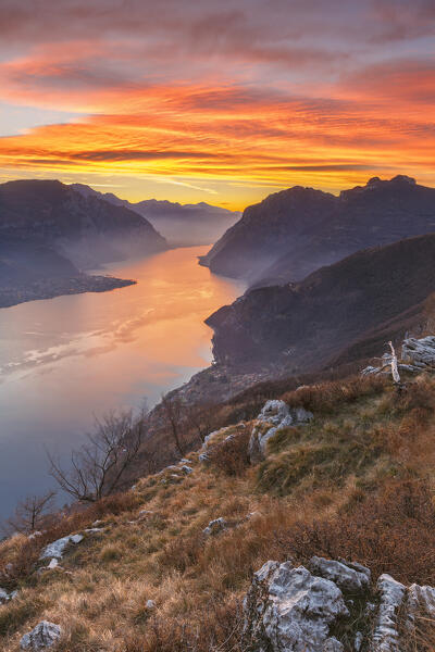 Red sunrise on lake Como (ramo di Lecco), Barni, Como and Lecco province, Lombardy, Italy, Europe