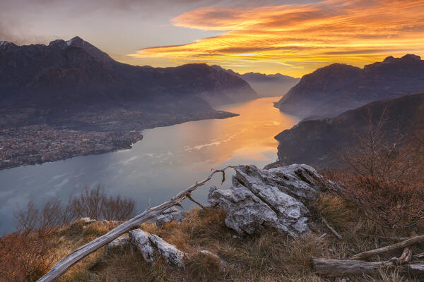 Red sunrise on lake Como (ramo di Lecco), Barni, Como and Lecco province, Lombardy, Italy, Europe