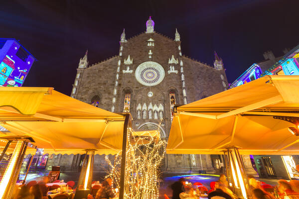 Santa Maria Assunta cathedral illuminated by night in the Christmas time, Piazza del Duomo square, Città dei Balocchi, Como city, Lombardy, Italy, Europe
