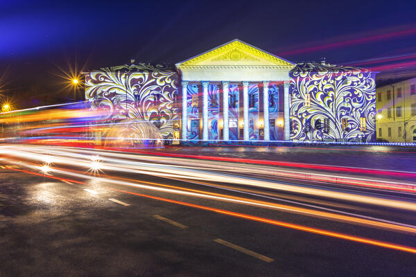 Teatro Sociale theater illuminated by night in the Christmas time, Città dei Balocchi, Como city, Lombardy, Italy, Europe