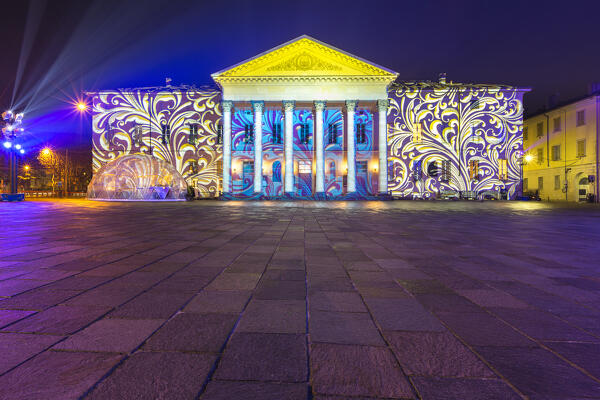 Teatro Sociale theater illuminated by night in the Christmas time, Città dei Balocchi, Como city, Lombardy, Italy, Europe