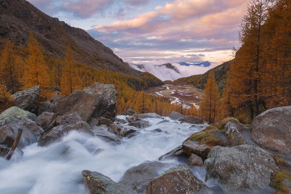 Autumnal sunrise on Preda Rossa, Val Masino, Valtellina, Sondrio province, Lombardy, Italy, Europe