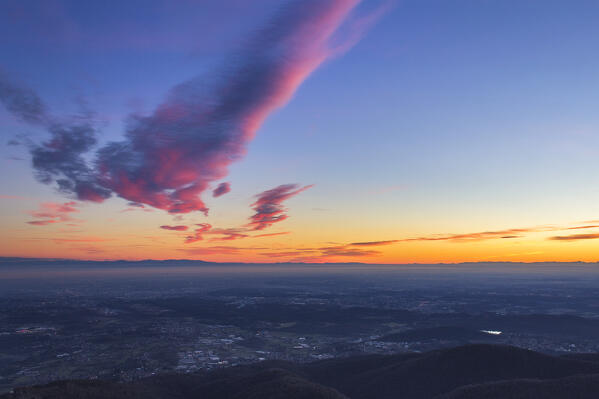 Sunset on Brianza from the top of Bollettone mount, Larian Triangle, lake Como, Como province, Lombardy, Italy, Europe