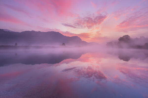 Pink sunrise on Adda river, Airuno, Brianza, Lecco province, Lombardy, Italy, Europe