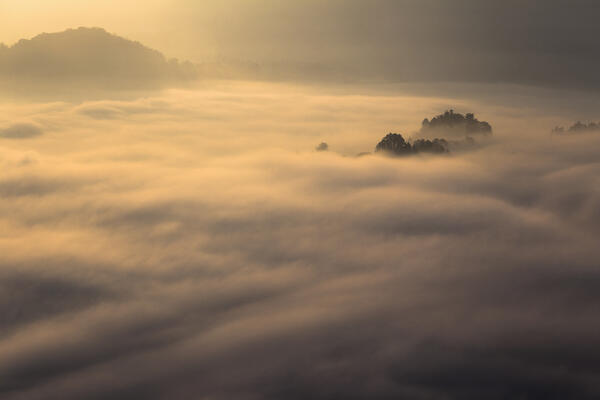 Sunrise on Adda river with fog and clouds, Airuno, Brianza, Lecco province, Lombardy, Italy, Europe