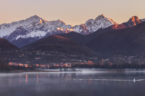 Sunrise on Alserio lake, snowy Lecco mountains, Parco regionale della Valle del Lambro, Brianza, Como province, Lombardy, Italy, Europe