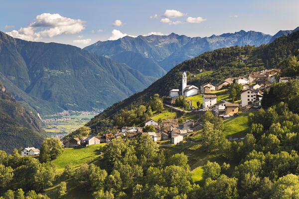 A summer view of Olmo village, San Giacomo Filippo, Sondrio province, Chiavenna valley, Lombardy, Italy, Europe
