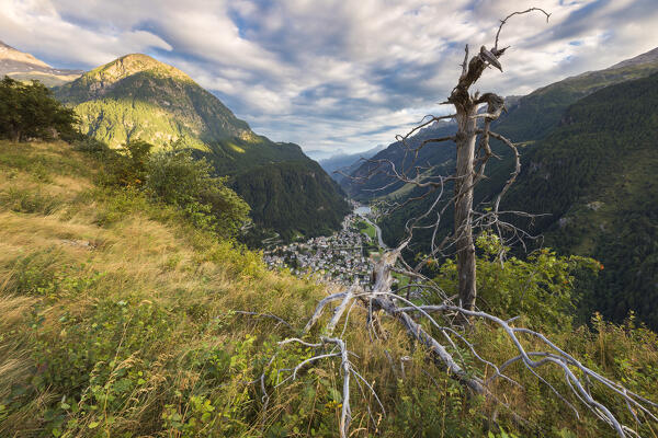 A view of Campodolcino village and Spluga valley illuminated by last light of sun, Sondrio province, Lombardy, Italy, Europe 