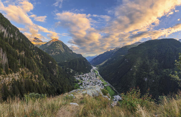 Sunset on Campodolcino village and Spluga valley, Sondrio province, Lombardy, Italy, Europe 