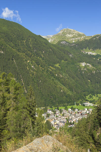 A summer view of Campodolcino village from tibetan bridge, of Fraciscio, Spluga valley, Sondrio province, Lombardy, Italy, Europe