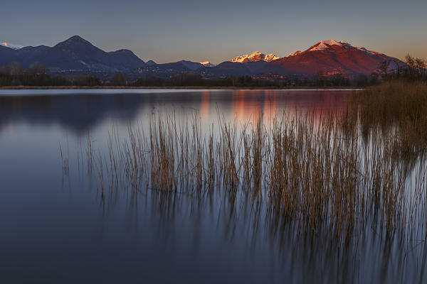 Sunset on lake Alserio, Alserio, Como province, Brianza, Lombardy, Italy, Europe