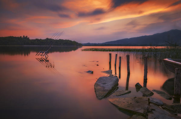 Sunset on lake Pusiano, Como and Lecco province, Brianza, Lombardy, Italy, Europe