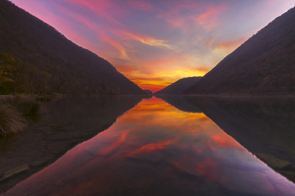 Sunset on lake Segrino, Longone al Segrino, Como province, Brianza, Lombardy, Italy, Europe