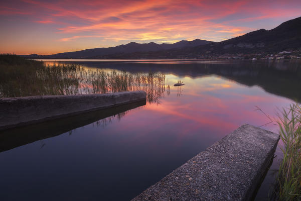 Sunset on lake Pusiano, Como province, Brianza, Lombardy, Italy, Europe