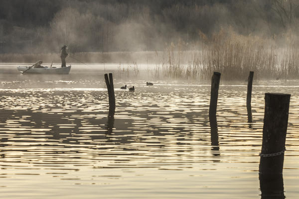 Fishermen on the shores, lake Alserio, Alserio, Como province, Brianza, Lombardy, Italy, Europe