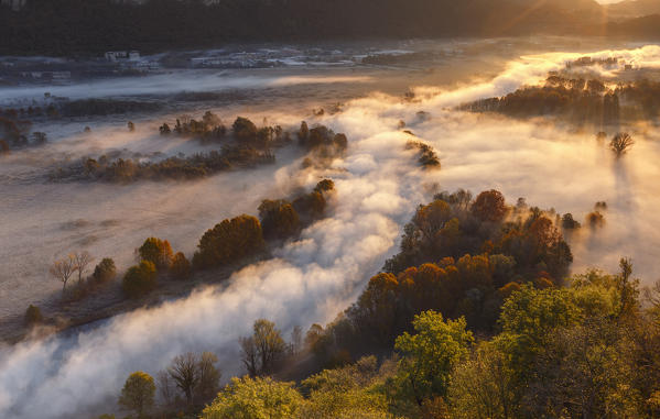 The mists of Adda river, Airuno, Adda Nord park, Lecco province, Brianza, Lombardy, Italy, Europe