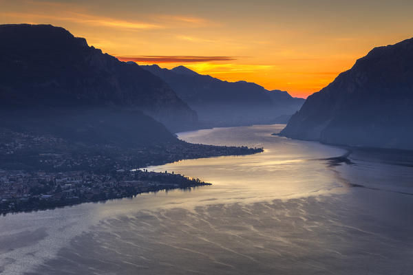 Sunrise on Mandello del Lario and Abbadia Lariana, lake Como, Como province, Lombardy, Italy, Europe