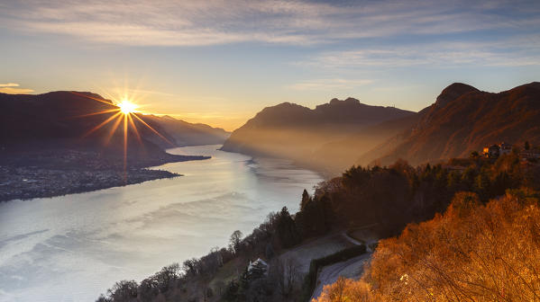 Sunrise on lake Como from Civenna, Como province, Lombardy, Italy, Europe