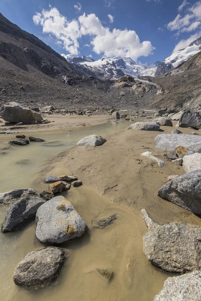 Ova da morteratsch river, Morteratsch glacier, Bernina group, Morteratsch valley, Engadine, Switzerland, Europe