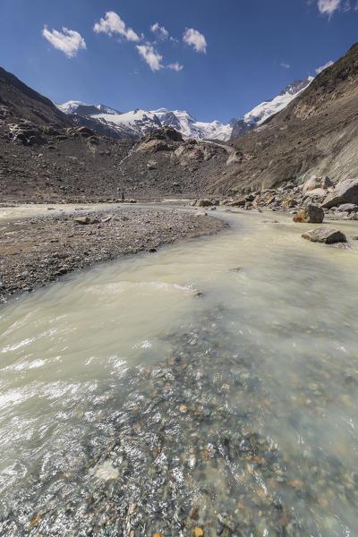 Ova da morteratsch river, Morteratsch glacier, Bernina group, Morteratsch valley, Engadine, Switzerland, Europe