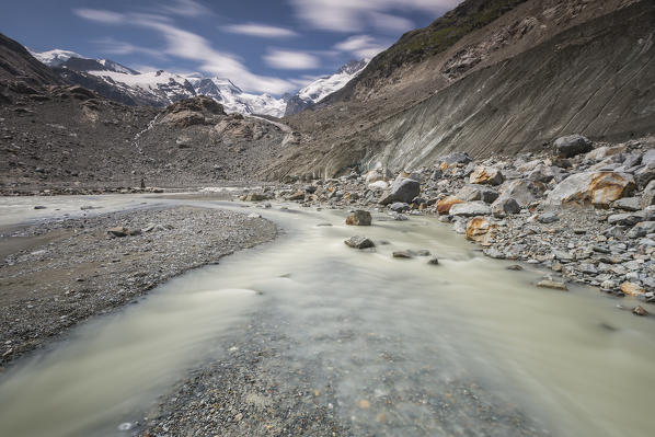 Ova da morteratsch river, Morteratsch glacier, Bernina group, Morteratsch valley, Engadine, Switzerland, Europe
