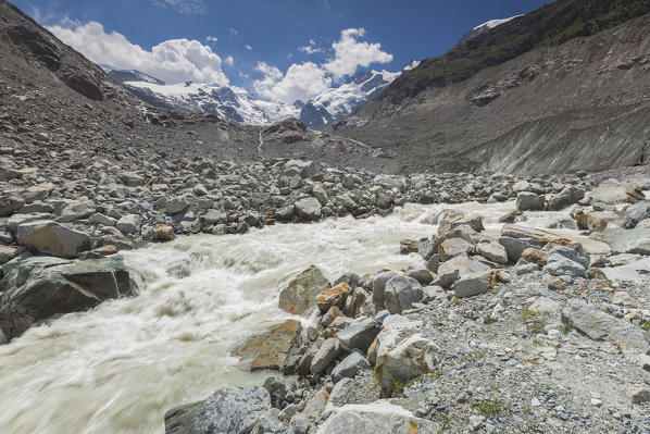 Ova da morteratsch river, Morteratsch glacier, Bernina group, Morteratsch valley, Engadine, Switzerland, Europe