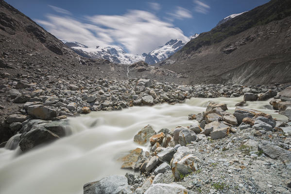 Ova da morteratsch river, Morteratsch glacier, Bernina group, Morteratsch valley, Engadine, Switzerland, Europe