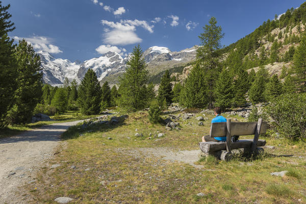 Hiker take relax admiring Morteratsch glacier, Bernina group, Morteratsch valley, Engadine, Switzerland, Europe