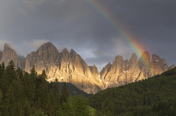 Rainbow on the Odle dolomites, Funes valley, South Tyrol region, Trentino Alto Adige, Bolzano province, Italy, Europe	 
