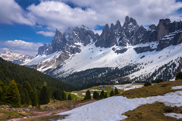 A view of the Odle dolomites from Brogles refuge, park Puez, Funes valley, Bolzano province, South Tyrol region, Trentino Alto Adige, Italy, Europe