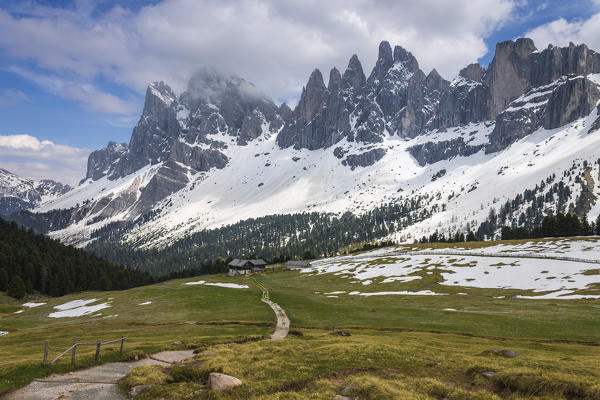 A view of the Odle dolomites from Brogles refuge, park Puez, Funes valley, Bolzano province, South Tyrol region, Trentino Alto Adige, Italy, Europe