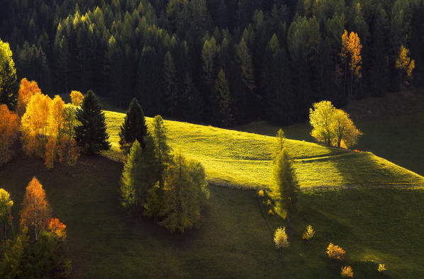 Sunset on the hills of Funes valley, Santa Magdalena, Bolzano province, South Tyrol region, Trentino Alto Adige, Italy, Europe