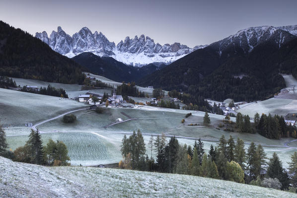 Frost sunrise at Santa Magdalena, Funes valley, Odle Dolomites, Bolzano province, South Tyrol region, Trentino Alto Adige, Italy, Europe