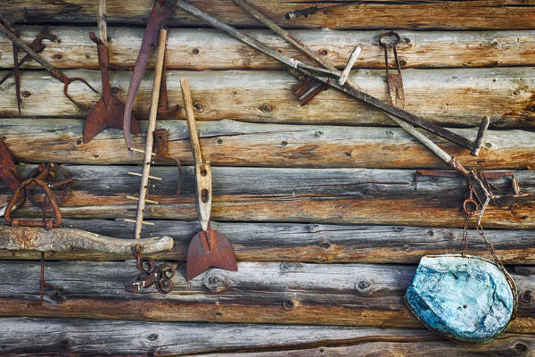 Old farmer's tools, Soglio, Maloja region, Canton of Graubunden, Bregaglia valley, Switzerland, Europe,rusty